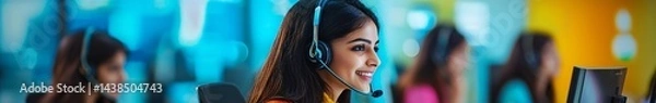 Fototapeta Smiling Indian Call Center Executive Wearing Headset in Office generative ai