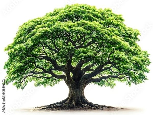 Fototapeta Lush, large tree with sprawling branches and exposed roots against a white background
