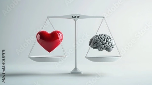 Fototapeta Heart vs Brain balance scale;  emotional vs. rational;  white background; concept image