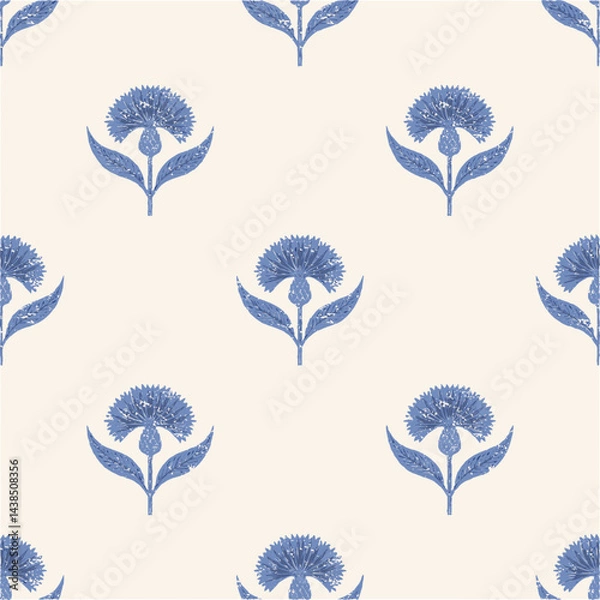 Fototapeta Indian Floral Block Print Seamless Vector Pattern, blue cornflowers on cream white with texture