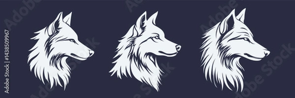 Obraz Set of light stickers on a dark background. Vector profiles of formidable wolves. Stylized portraits of predatory animals isolated from a horizontal background