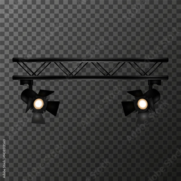 Fototapeta Two theater or studio spotlights on a horizontal ramp on a transparent background. Has adjustable curtains for the light stream and emits bright yellow light. EPS10 vector illustration.