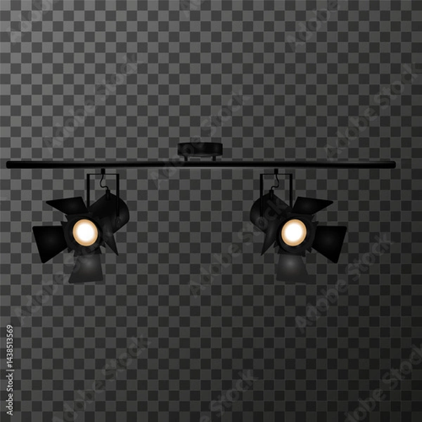 Fototapeta Two theater or studio spotlights on a horizontal bar on a transparent background. Has adjustable curtains for the light flow and emits a bright yellow light. EPS10 vector illustration.