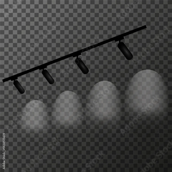 Fototapeta Track lighting system with five spotlights directed downwards and slightly to the right on a transparent background. Diffused lighting effect. For lighting paintings, decor. Vector illustration EPS10.
