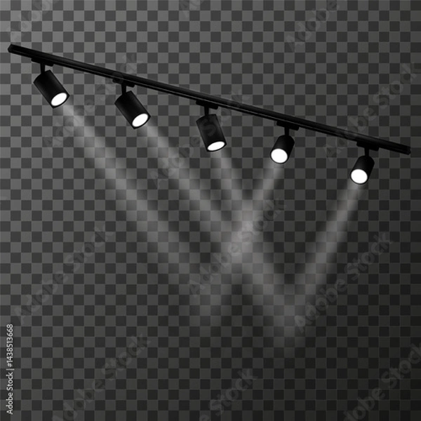 Fototapeta Modern lighting system with five spotlights on a transparent background. Minimalistic design. The light beam is directed downwards, creating a sense of depth. Vector illustration EPS10.