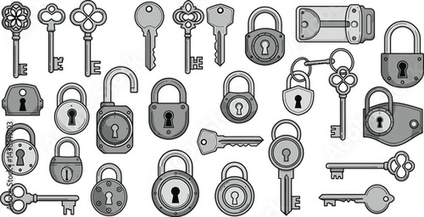Fototapeta Black and White Vector Keys and Locks Collection