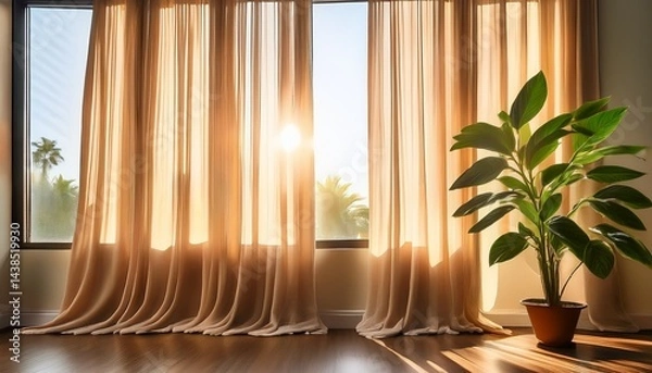 Fototapeta sunlight filters through sheer curtains illuminating a vibrant houseplant near a window creating a warm and peaceful atmosphere