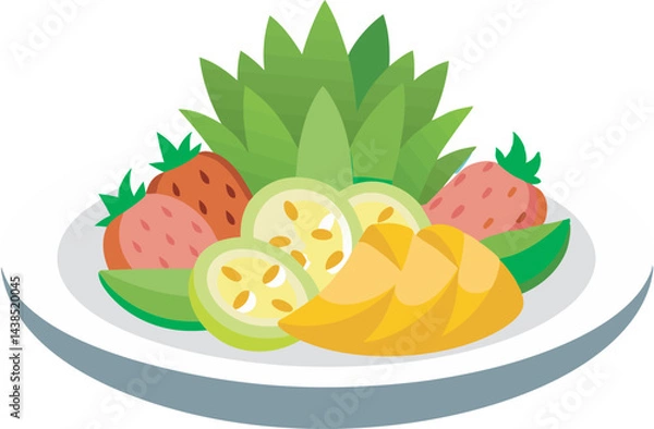 Fototapeta A vibrant vector art illustration featuring a colorful Pineapple Passion Platter fruit salad, bursting with fresh tropical fruits and lively, detailed textures
