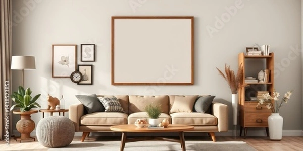 Fototapeta Modern Living Room with Beige Sofa and Large Empty Frame for Artwork