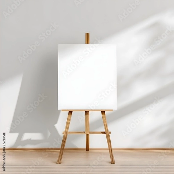 Fototapeta Blank canvas on wooden easel illuminated by natural light in a minimalist art studio space