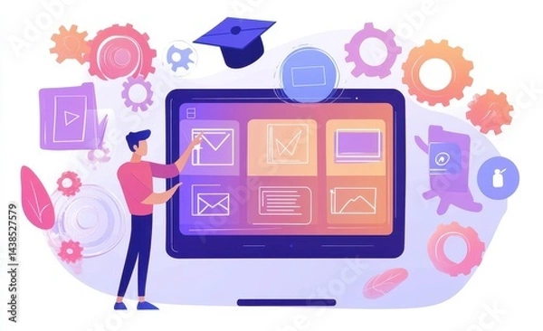 Obraz Interactive digital learning platform. A person interacts with a tablet displaying various learning modules