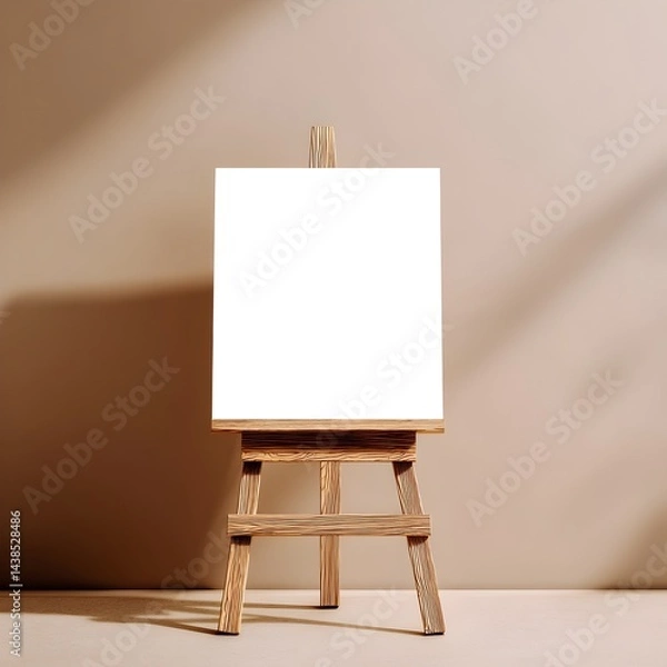 Fototapeta Blank canvas on wooden easel in a softly lit studio space inviting creative artistry and inspiration during the afternoon