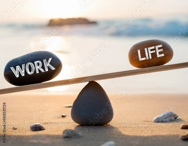 Fototapeta wooden balance scale with work and life text on pebbles highlights work life balance concept