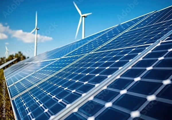 Fototapeta A solar panel array with wind turbines under a clear sky and autumn trees.