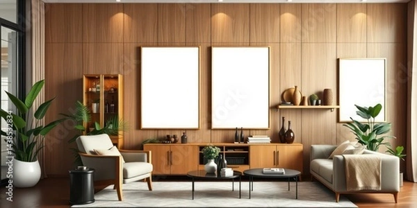 Fototapeta Modern minimalist living room interior design with wooden wall paneling and blank frames