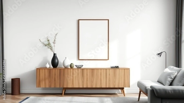 Fototapeta Modern minimalist living room interior design featuring a wooden sideboard, decorative vases, and a blank frame for artwork