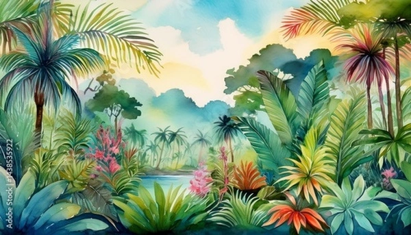 Fototapeta painting of a jungle landscape watercolor pattern wallpaper