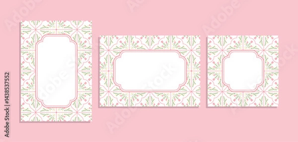 Fototapeta Series of beautiful cottagecore tiles frame background with floral flower motifs for prints card invitation notes journaling in sweet folk art shabby chic style