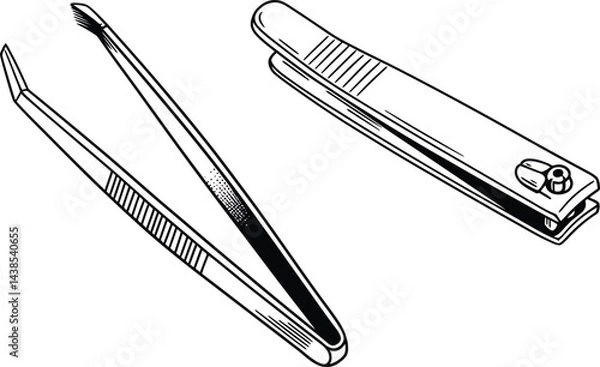 Fototapeta Black and White Vector Tweezers and Nail Clippers