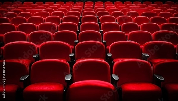 Fototapeta Rows of Plush Red Velvet Seats in Auditorium with Armrests and Dark Interior