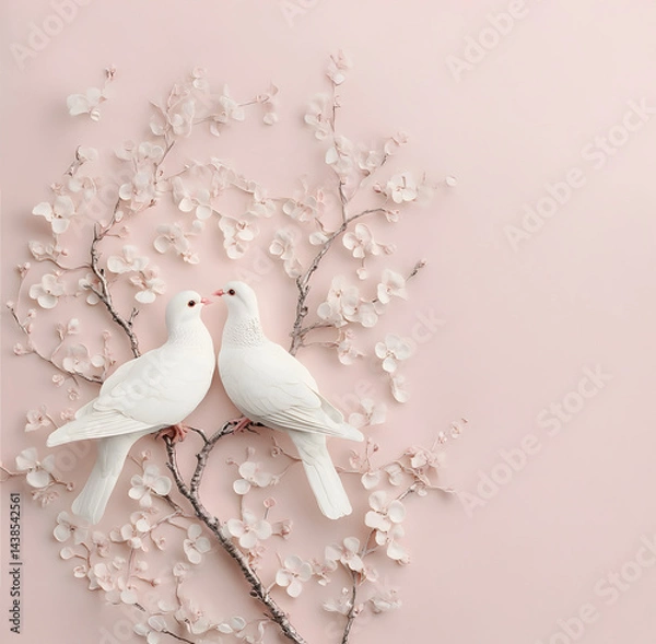 Fototapeta Wedding invitation card with  white dove on a branch, monochrome concept