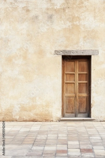 Fototapeta A weathered wooden door opens into a serene, empty courtyard, embraced by rustic beige walls, all bathed in the warm midday sun in a tranquil location