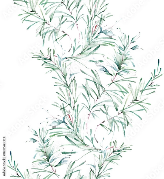 Fototapeta leaves seamless watercolor background. A creative pattern. Vintage seamless watercolor pattern of plants, Herbs, leaves.
The pattern is seamless with a pattern of rosemary branches and pine needles.