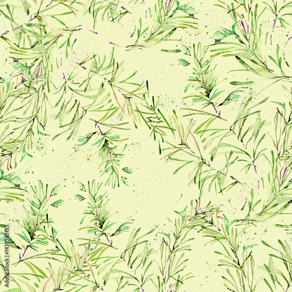 Fototapeta leaves seamless watercolor background. A creative pattern. Vintage seamless watercolor pattern of plants, Herbs, leaves.
The pattern is seamless with a pattern of rosemary branches and pine needles.
