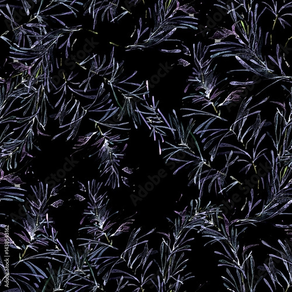 Fototapeta leaves seamless watercolor background. A creative pattern. Vintage seamless watercolor pattern of plants, Herbs, leaves.
The pattern is seamless with a pattern of rosemary branches and pine needles.