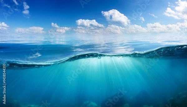 Obraz underwater sea surface and deep blue sea against blue sky and soft clouds summer background