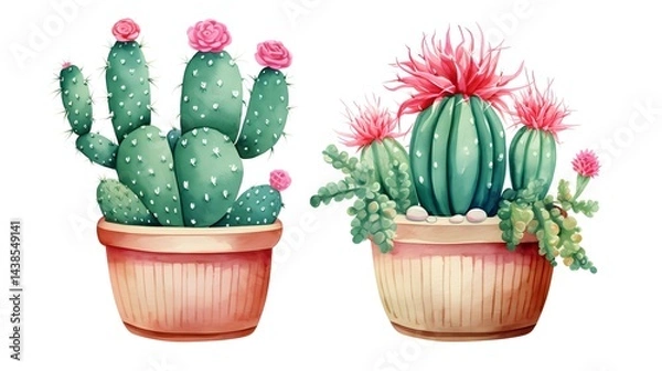 Fototapeta Vibrant green and pink cactus in a flowerpot isolated on white background for botanical design
