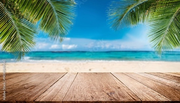 Fototapeta summer time tropical blurry seascape with sandy beach and wooden table top and blur palm leaves montage photo of summer beach concept