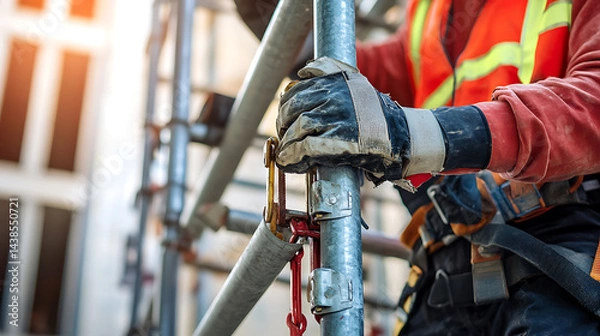 Obraz Construction Worker Using Safety Harness on Scaffolding