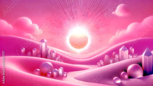 Obraz A dreamy pink landscape with crystal structures, soft hills, glowing clouds, and a radiant sun shining brightly over a magical fantasy world.