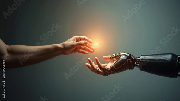 Fototapeta Human hand reaching out to touch robotic hand representing the merging of technology and humanity