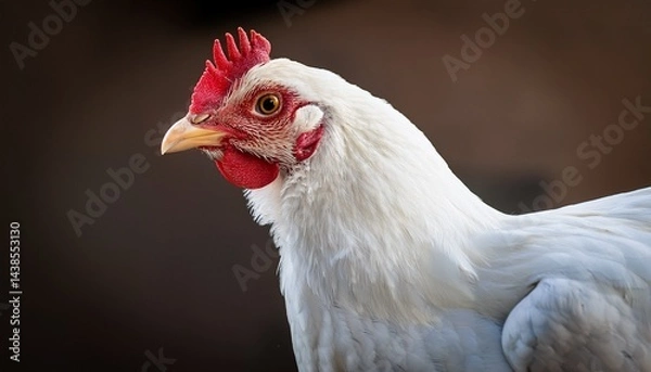 Fototapeta white chicken portrait a pristine white chicken stands majestically showcasing its smooth feathers and vibrant comb the bird s posture conveys a sense of calm confidence