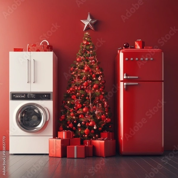 Fototapeta Christmas Cheer with Appliances: A Festive Holiday Scene Featuring a Decorated Tree, Red Refrigerator, and Washing Machine with Presents.