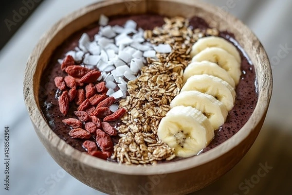 Fototapeta A nutrient-packed acai bowl topped with granola, banana, coconut flakes, and a handful of goji berries