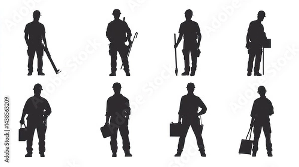 Fototapeta Eight silhouettes of construction workers with various tools.