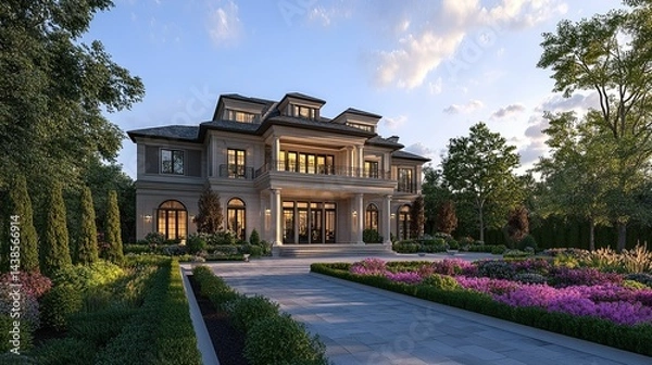 Fototapeta Luxury architecture featuring a grand mansion with elegant design and opulent landscaping for high-end real estate and design themes. 