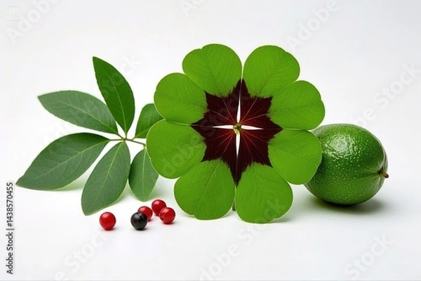 Obraz Trevo de quatro folhas, sorte, fortuna, Frutas, verduras, temperos frescos. Isolados em fundo branco
