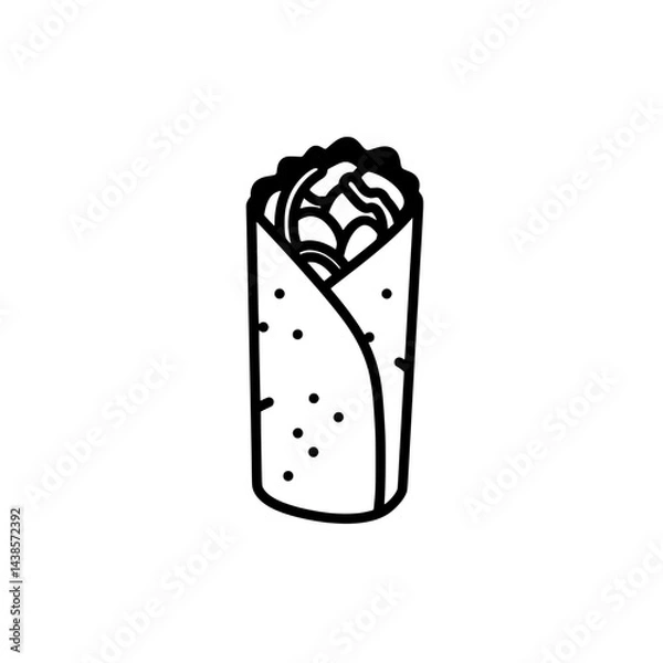 Fototapeta Burrito in the Style of Line Art: A minimalist black and white rendering captures the essence of a flavorful burrito, showcasing its ingredients within a tightly wrapped tortilla.