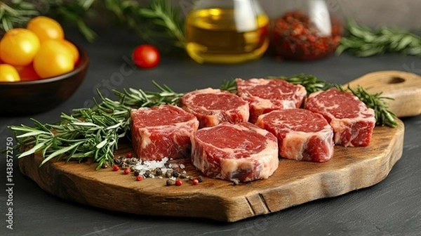 Obraz Raw Black Angus meat steaks: Machete, Blade on bone, Striploin, Ribeye, Tenderloin on a wooden board for grilling enthusiasts