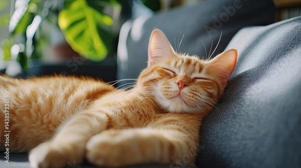 Obraz Relaxed cat lounging indoors, ideal for family pets, animal care, and heartwarming pet visuals.