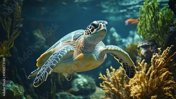 Obraz Sea turtle swimming through vibrant coral reefs for marine conservation, ocean exploration, and underwater visuals. 