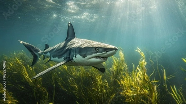 Obraz Shark swimming underwater with powerful fins, perfect for marine life, ocean ecosystems, and wildlife visuals