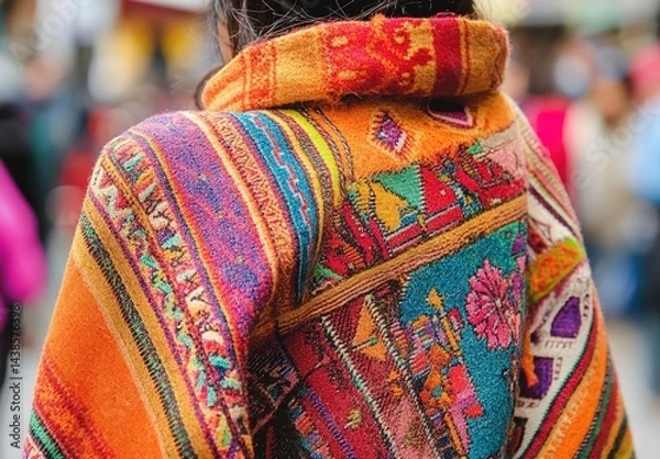 Fototapeta Person's back wearing vibrant traditional-patterned shawl in crowded area.