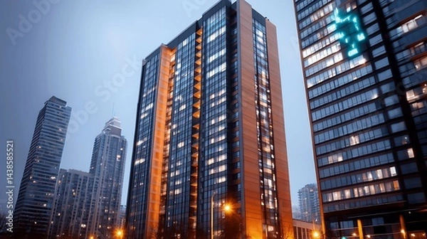 Fototapeta Urban cityscape at dusk Tall buildings light up against a muted sky