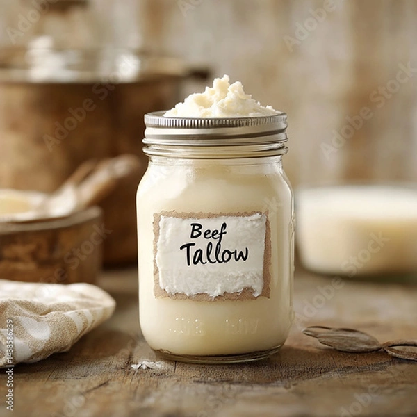 Fototapeta Glass mason jar labeled "Beef Tallow" with solidified white fat inside, rustic butcher-style counter,