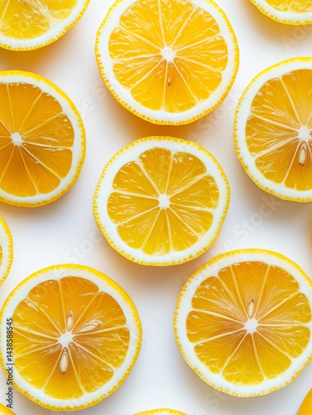 Fototapeta Fresh Juicy Lemon Slices on White Background – Vibrant Top-Down Citrus Photography